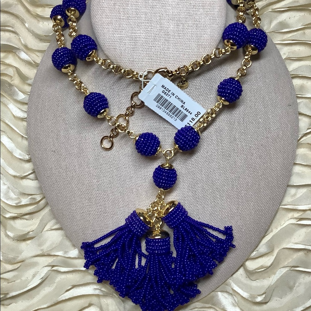 NWT Signed NOS Lapis Blue Beaded Tassel Necklace